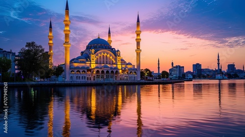Sunset view of Mosque with reflections, ai generative