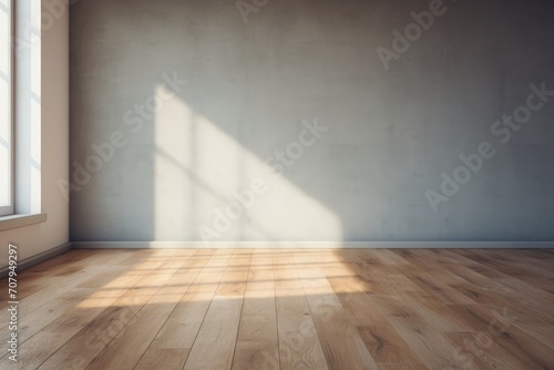 Light slate wall and wooden parquet floor, sunrays and shadows from window © GalleryGlider