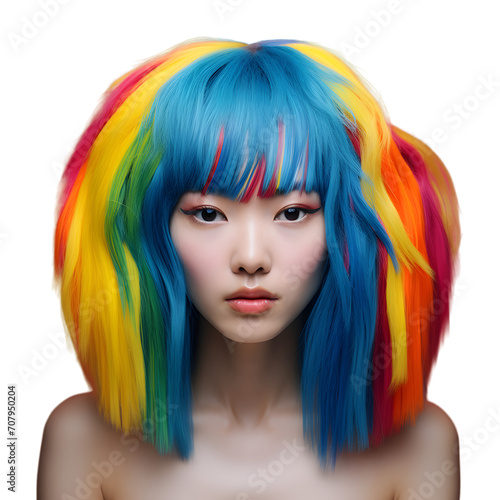 Portrait of an attractive asian woman with bright color hair isolated on transparent background