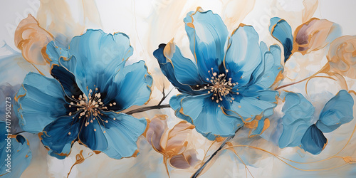 Abstract oil painting Blue petals, flowers with gold lines, palette knife.