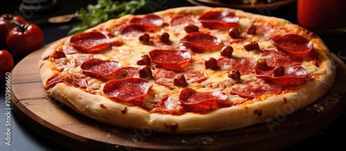 Ready-to-eat homemade pepperoni pizza, fresh and hot.