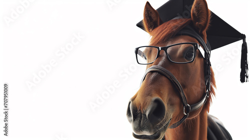Portrait of horse wearing a graduation cap and glasses. photo