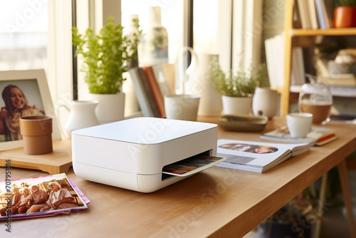 Portable photo printer for printing photos from smartphone standing on a coffee table in a cozy home interior. Capture moments concept.
