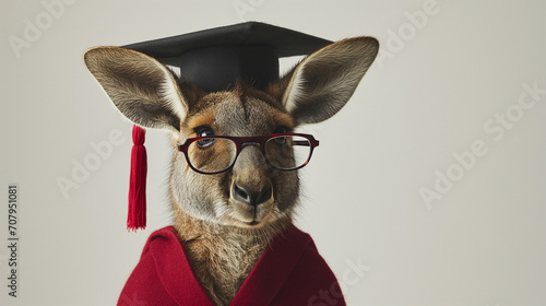 Portrait of kangaroo wearing a graduation cap and glasses.