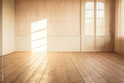 Light wheat wall and wooden parquet floor, sunrays and shadows from window