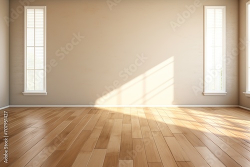 Light zaffre wall and wooden parquet floor, sunrays and shadows from window