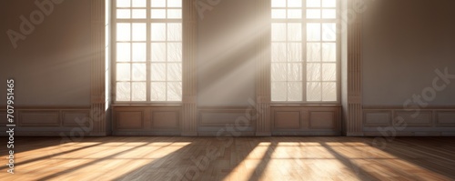 Light zaffre wall and wooden parquet floor, sunrays and shadows from window © GalleryGlider