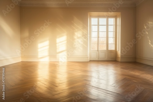 Light zaffre wall and wooden parquet floor, sunrays and shadows from window