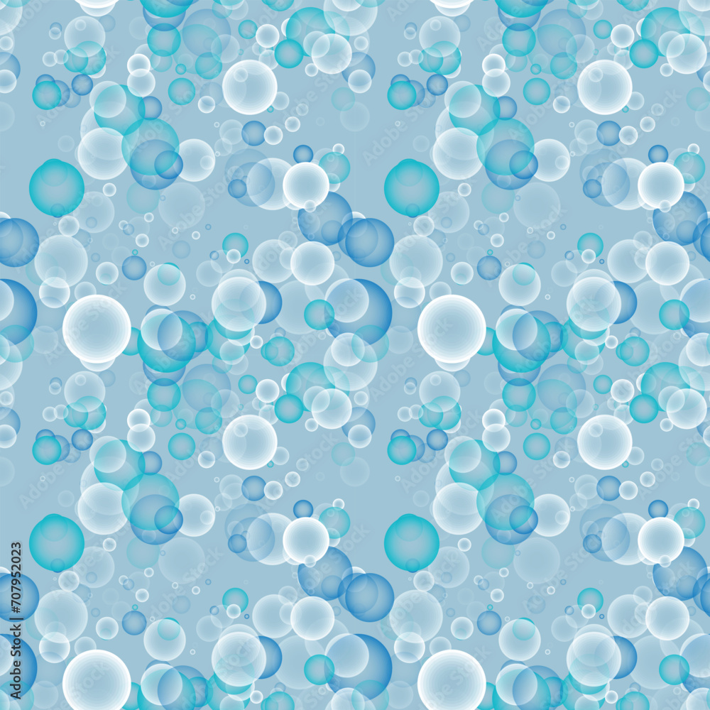 Foam structure. 3d abstract geometric seamless pattern. Turquoise, blue, white bubbles on light gray background