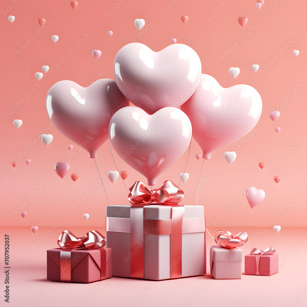 3D Heart Shaped Balloons and Gift Boxes Flying on Pink Background, Valentine's Day Concept.