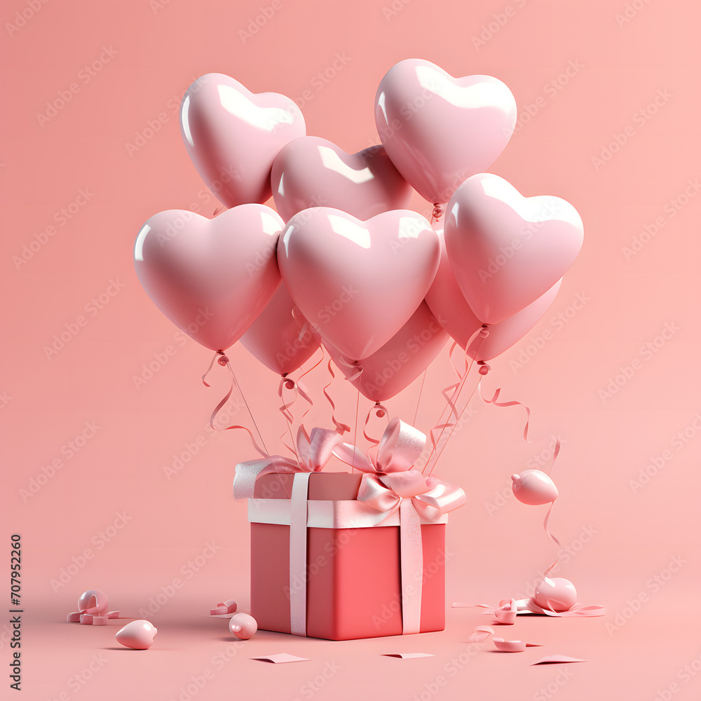 3D Heart Shaped Balloons and Gift Boxes Flying on Pink Background, Valentine's Day Concept. 3D Heart Shaped Balloons and Gift Boxes Flying on Pink Background, Valentine's Day Concept.