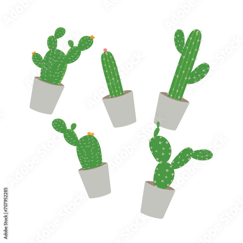 Cactus icons in a flat style on a white background. Home plants cactus in pots and with flowers. A variety of decorative cactus with prickles and without
