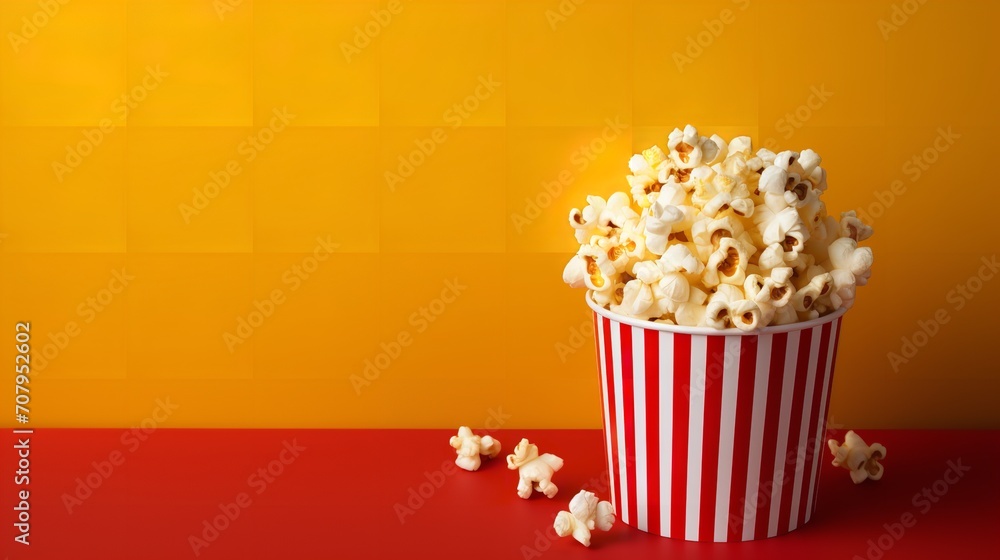 Popcorn in a striped box with a red backdrop and empty space, top view, flavors, Generative AI.