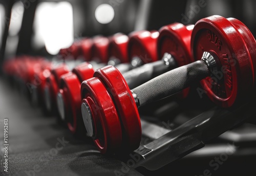 Dumbbells in a gym, dumbbells set, photography, created with AI