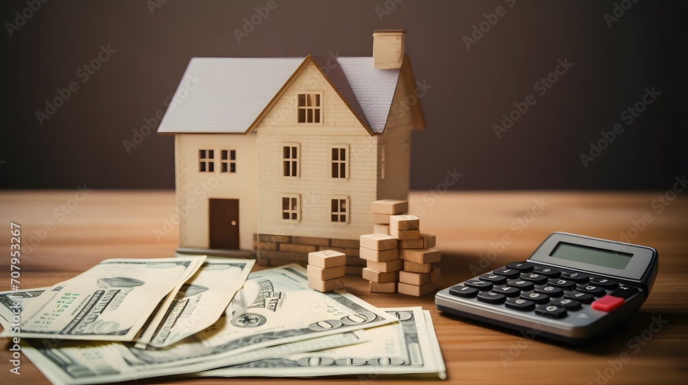 Model of cardboard house with key, calculator, notebook, pen and cash dollars. House building, loan, real estate. Cost of public utilities, insurance, rent or buying a new home concept Model of cardboard house with key, calculator, notebook, pen and cash dollars. House building, loan, real estate. Cost of public utilities, insurance, rent or buying a new home concept
