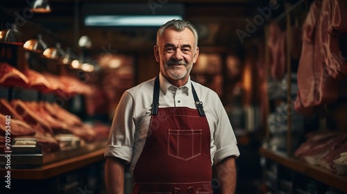 Portrait of happy smiling butcher posing while standing in a meat store with copy space, Generative AI.