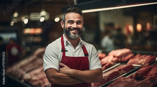 Portrait of happy smiling butcher posing while standing in a meat store with copy space, Generative AI. photo