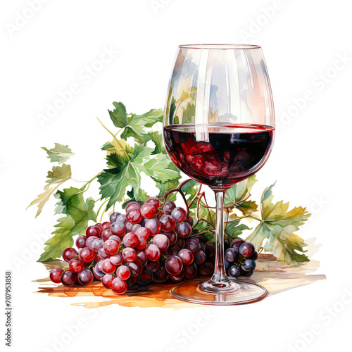 A watercolor drawing of a glass of red wine with grapes.