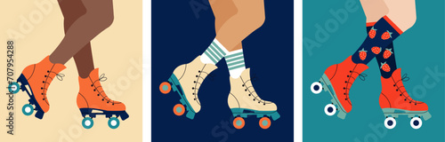 Set of different woman legs in a retro roller skate shoes. Retro roller skater posters. Fun leisure summer time sport. Bright colorful square banners. Retro fashion disco style.