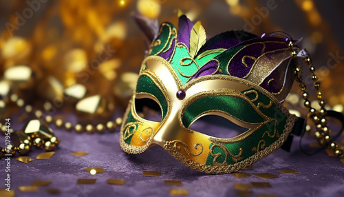 Mardi Gras celebration, mask, costume, glitter, tradition, elegance generated by AI