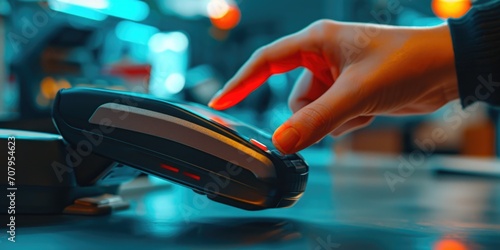 A person is operating a credit card machine. This image can be used to illustrate financial transactions or payment methods photo