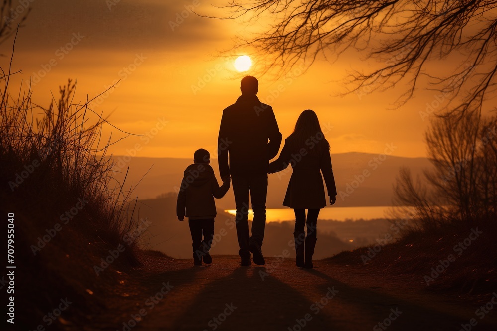 family walking together outdoors at sunrise silhouetted 