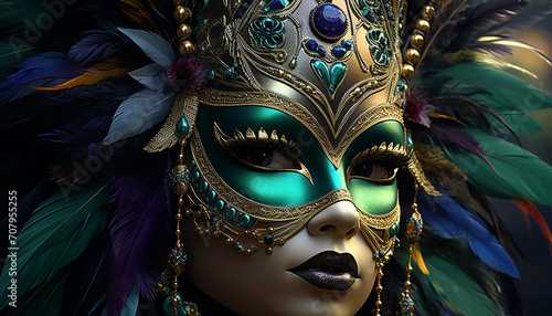 Feathered mask disguises elegance and glamour in costume generated by AI