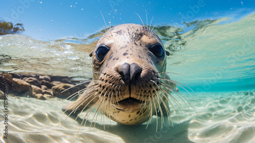 Close up of playful sea lion or fur seal in clear