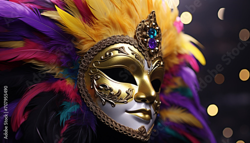 Feathered mask, costume, elegance, gold, celebration, mystery generated by AI