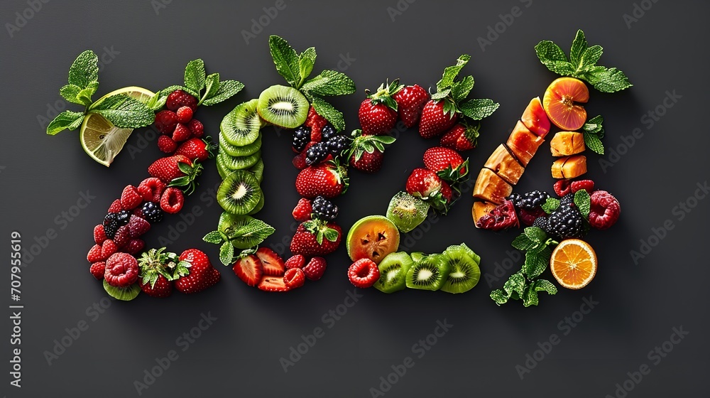 Vegetables, fruits, and fish on a black backdrop symbolize the year 2024, top view, fresh, Generative AI.
