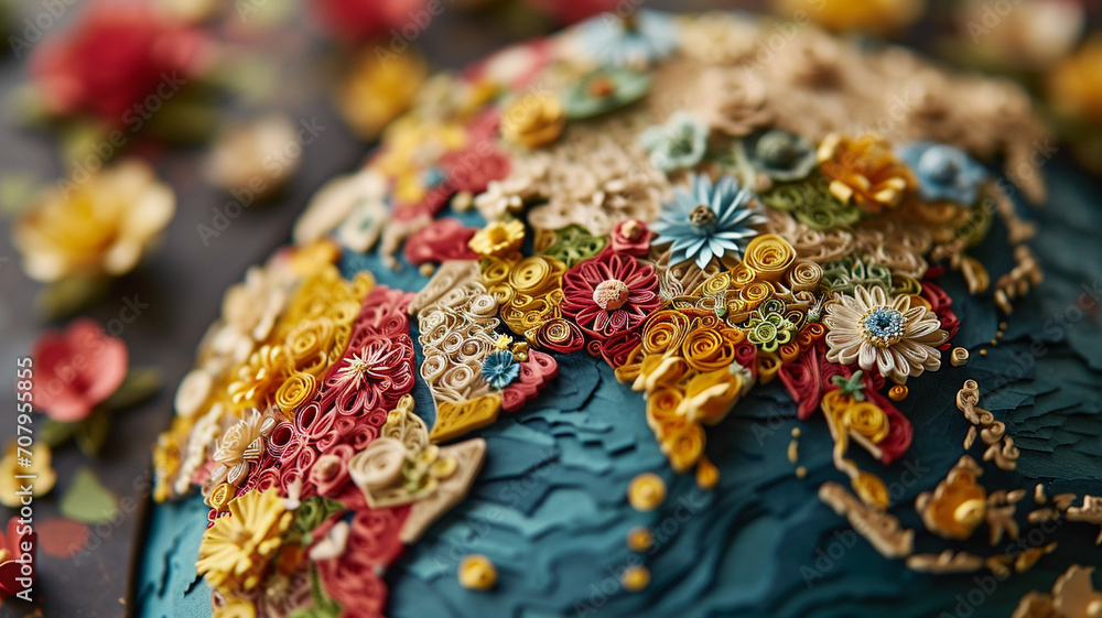 A quilled paper globe, continents outlined with regional flowers