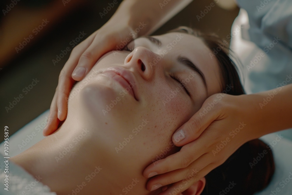 A woman is pictured receiving a facial massage at a spa. This image can be used to showcase spa treatments and relaxation services A woman is pictured receiving a facial massage at a spa. This image can be used to showcase spa treatments and relaxation services