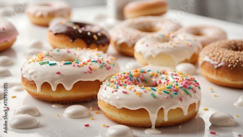Donuts with different flavors with milk, white background, food. photo