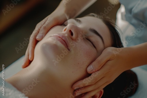 A woman is pictured receiving a facial massage at a spa. This image can be used to showcase spa treatments and relaxation services