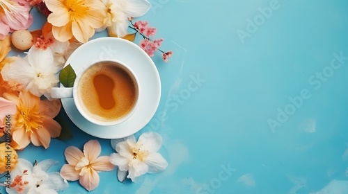 Morning cup of coffee and colorful flowers on blue pastel table top view. Flat lay style. Creative breakfast for Woman day. © Ziyan Yang