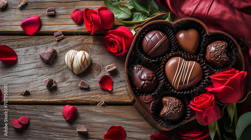 box of chocolates and flowers on a wooden background. selective focus. Generative AI,