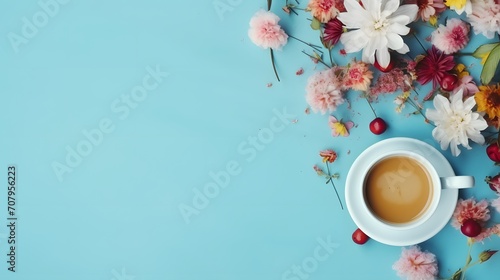 Morning cup of coffee and colorful flowers on blue pastel table top view. Flat lay style. Creative breakfast for Woman day.