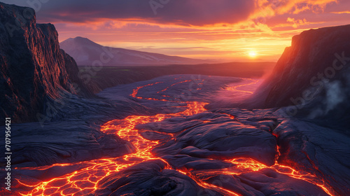 Wasted land with lava river photo
