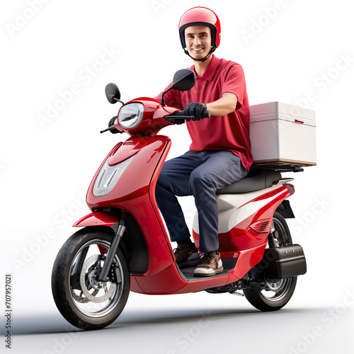 Young courier  delivery man wearing casual dress with thermo box backpack on red motor scooter moped isolated on blue background. Fast transport express home food delivery. Online order. generative ai