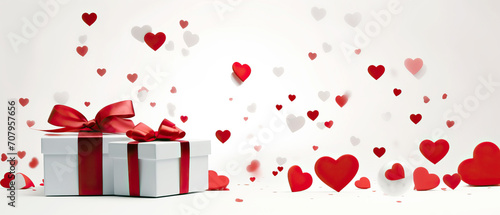 White Gift box with red ribbon and festive red hearts on white background for Valentine's day banner, copy space