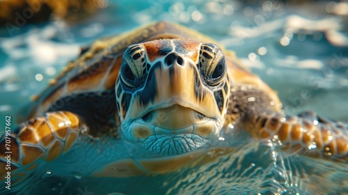 Wildlife Impact, Sea Turtle Ingesting Microplastics, Ocean Blue. © Татьяна Креминская