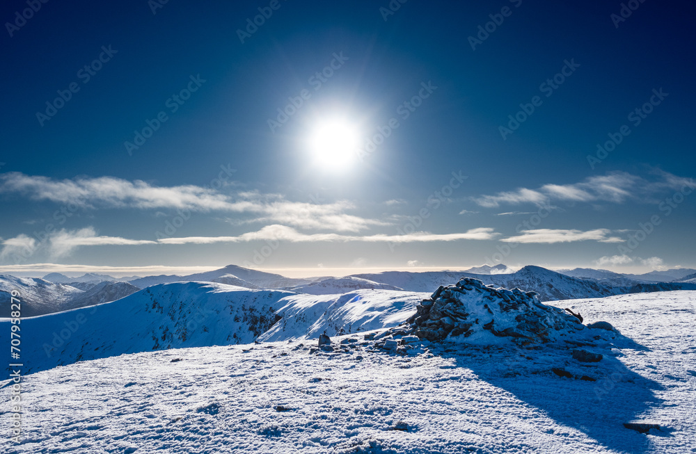 Scottish Mountain Top in the Snow - Blue Bird Day - Sunlight - Meall Buidhe - Munro