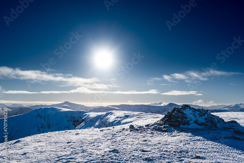Scottish Mountain Top in the Snow - Blue Bird Day - Sunlight - Meall Buidhe - Munro photo