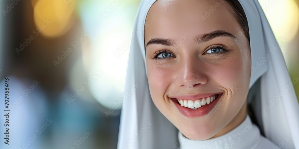 © dinastya - Serene Joy of Devotion. Young pretty nun in white headscarf smiling, portrait with copy space.