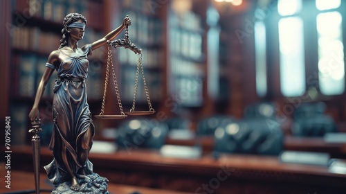 Lady Justice statue with a sword, symbolizing fairness and law enforcement. Suitable for legal and justice-related concepts photo