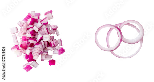 Top view of fresh red or purple onion ring slices  in set is isolated with clipping path in png file format