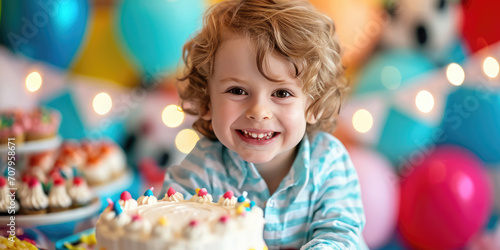 Young happy smiling child blonde boy at birthday party, cake and balloons. Joyful Birthday Celebration. Organization of children's parties.