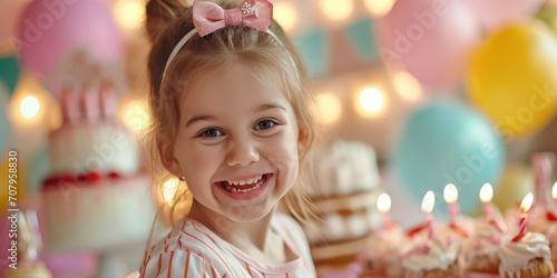 Young happy smiling child girl with pink bow at birthday party, cake and balloons. Joyful Birthday Celebration. Organization of children's parties.