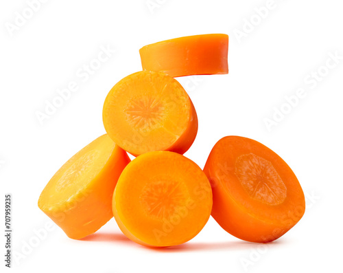 Front view of beautiful orange carrot slices in stack isolated with clipping path and shadow in png file format