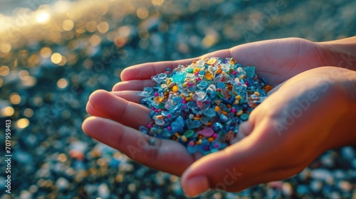 microplastics lay on people hand. Concept of water pollution and global warming. Climate change idea. photo